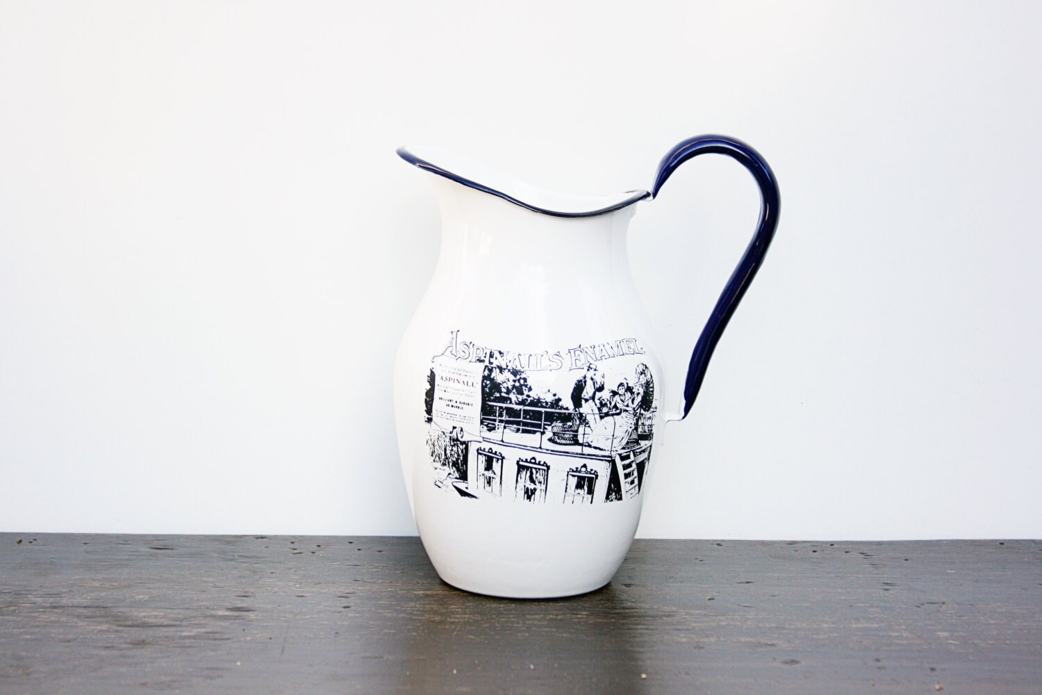 Vintage Large Enamel Farmhouse Pitcher Black Blue and White