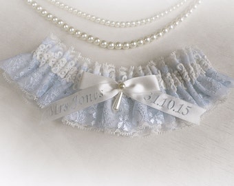 Personalized garter Ivory light blue lace wedding bridal bridesmaids garter vintage style garter something blue
