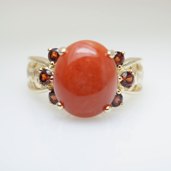 Vintage Orange Jadeite Jade & Spessartite Garnet Ring 14k