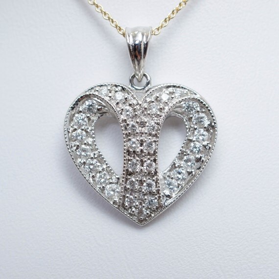 Diamond Split Heart Pendant Necklace 14k White Gold Dainty