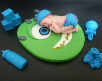Fondant Sulley baby on Mike blanket Monster Inc theme cake topper for Baby shower , Birthday