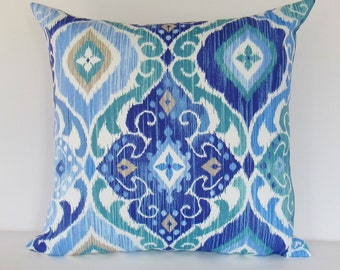Blue Outdoor Pillow Cover Cobalt Teal Decorative Throw Accent Patio Porch Sunroom Pillow 16x16 18x18 12x16 12x18 Lumbar Zipper Blue White