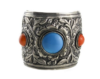 Chunky Silver Cuff Bracelet with Multi Colored Stones, Large Silver Cuff Bracelet