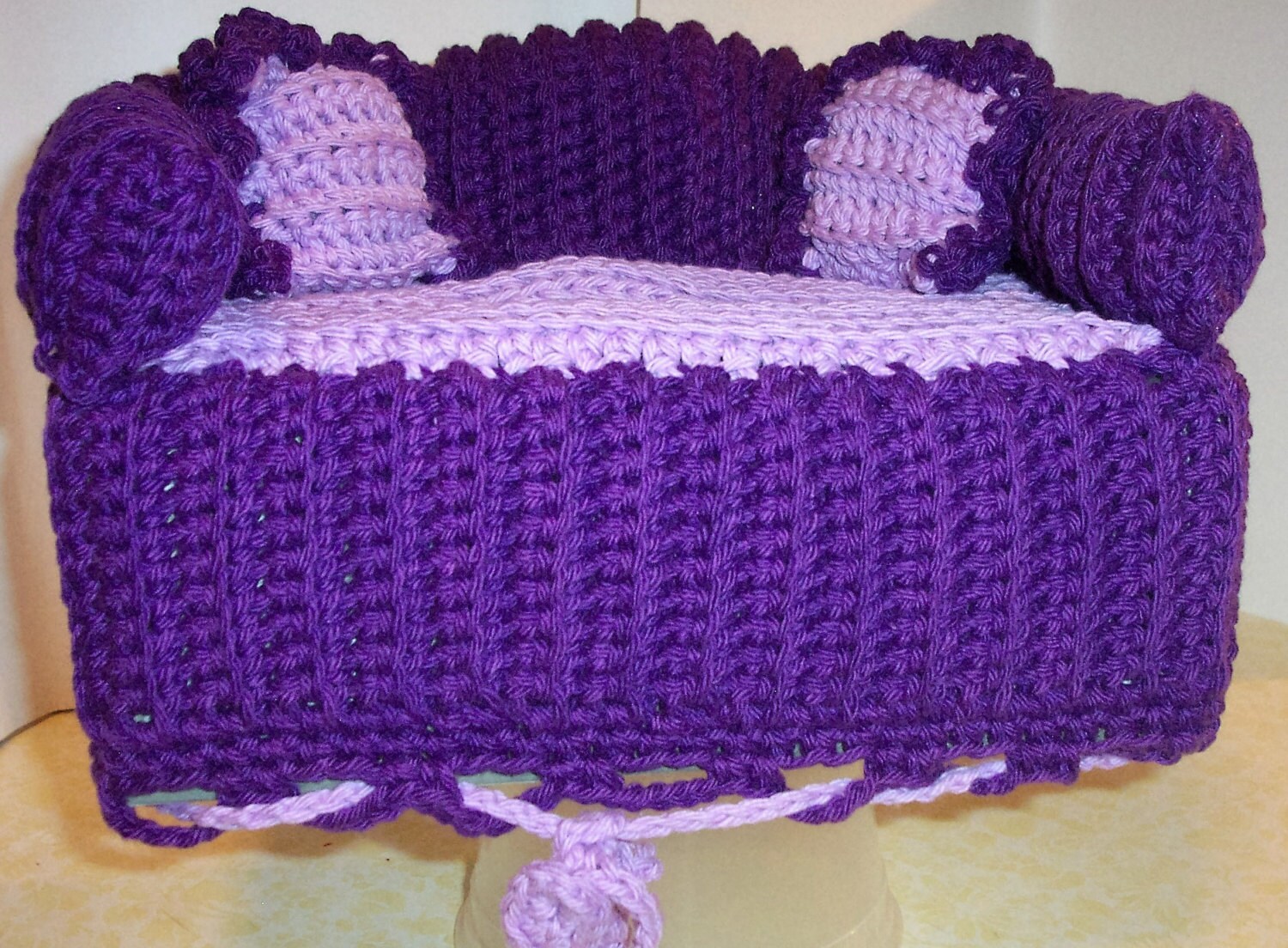 Sofa Style Tissue Box Cover Handmade Crochet In Deep Purple