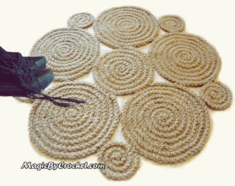Flower Crochet Rug / Natural Jute Rug / Handmade Rug , Small Area Rug, no.003