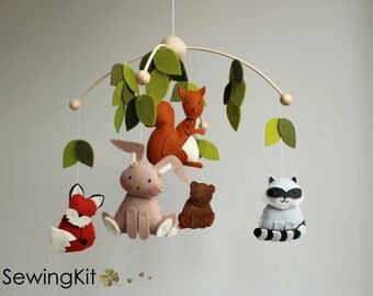 baby mobile, woodland mobile, forest animal mobile, wool felt mobile, forest creatures mobile, raccoon, squirrel, bear, bunny, fox,