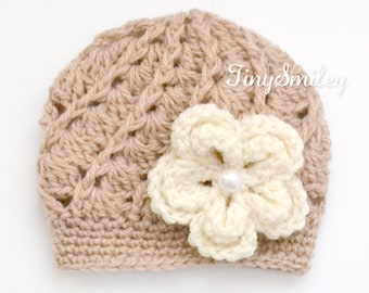 Beige Newborn Hat, Baby Girl Hat, Crochet Baby Hats, Baby Hats for Girls, Newborn Girl Hat, Flower Girl Hat, Hospital Girl Hat, Baby Gifts