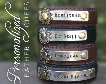 Personalized skinny leather cuff bracelet, custom metal stamped cuff, Inspirational words, Love Squared Designs, up cycled, narrow