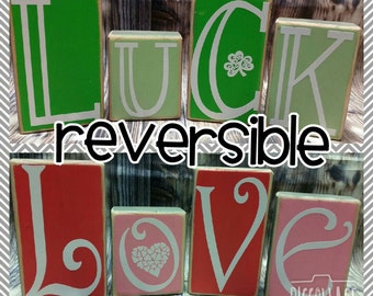 Valentines Day, St. Patricks Day, Reversible Block Set, Holiday Blocks, Valentines Day Decor, St. Patricks Day Decor, Luck, Love, Valentines