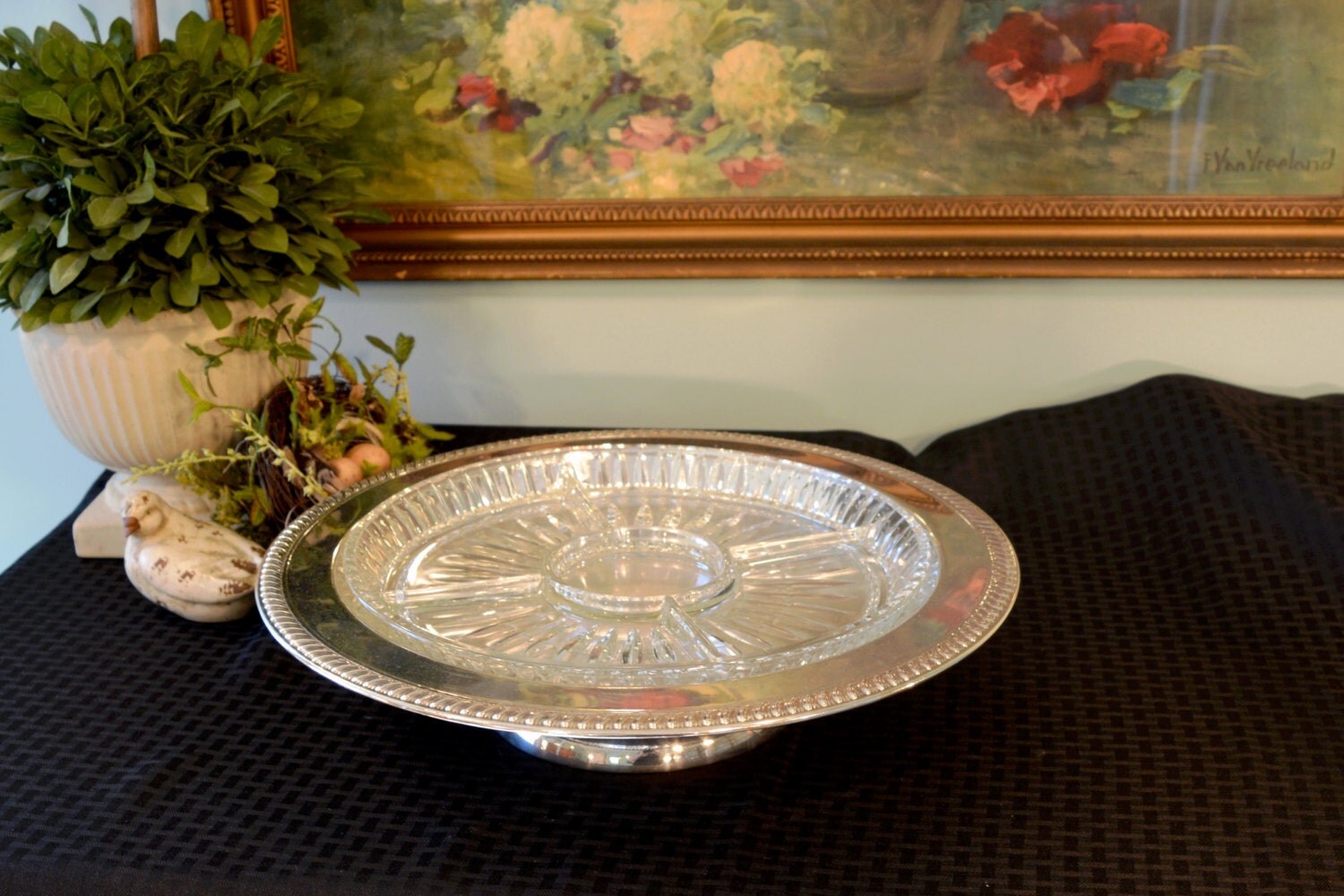 FB Rogers Silver Plate Lazy Susan Divided Crystal Platter Silver