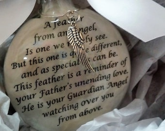 FATHER Memorial Christmas Ornament Gift - "A Feather From a Guardian Angel" Sympathy In Memory Dad- Personalized w/ Name - Custom Keepsake