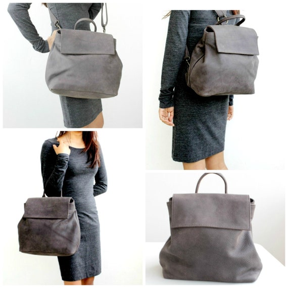 Grey convertible leather backpack Grey leather rucksack