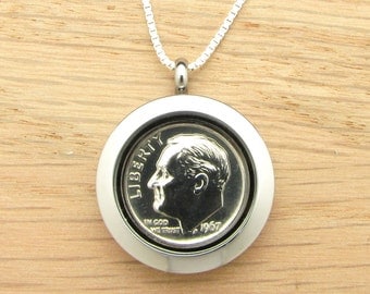 For 50th: 1967 US Dime Locket Necklace 50th Birthday or 50th Anniversary Gift Coin Jewelry