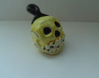 Handmade Miniature Polymer Clay Skull Sculpture with an Optional Ornament Attachment, Halloween, White, Yellow, Black