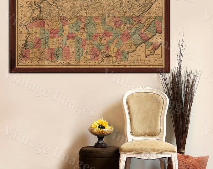Old map of Tennessee (1862) Tennessee map, Vintage Restoration Hardware Style Tennessee map, Large Tennessee Kentucky wall Map wall art