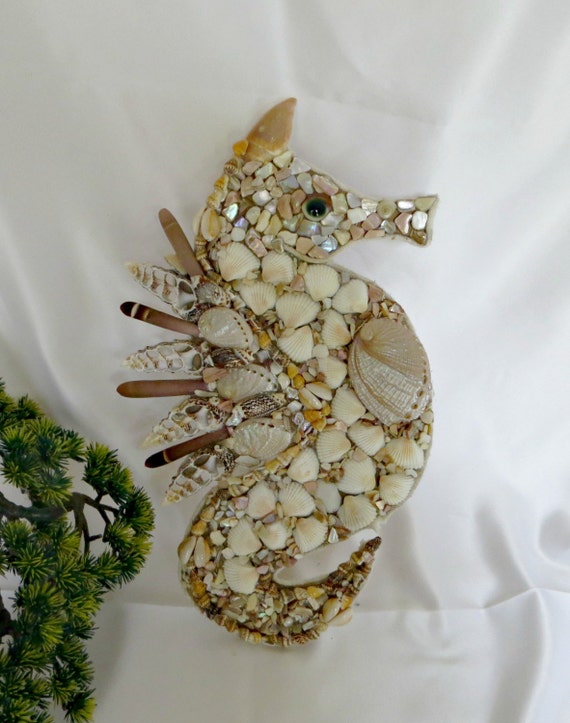 Seashell Art Seahorse Wall decor_beach by CarmelasCoastalCraft