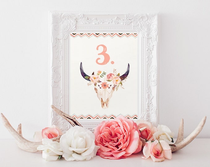 Printable Wedding Table Numbers, Bohemian Floral Bullhead Watercolor, Rustic Wedding, Table Number Signs, DIY Printable, Feathers