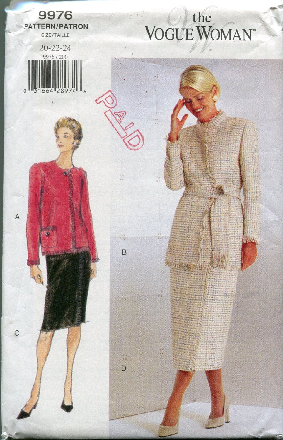 Vogue Suit Pattern 9976 Womens Sewing Patterns 1990s Jacket