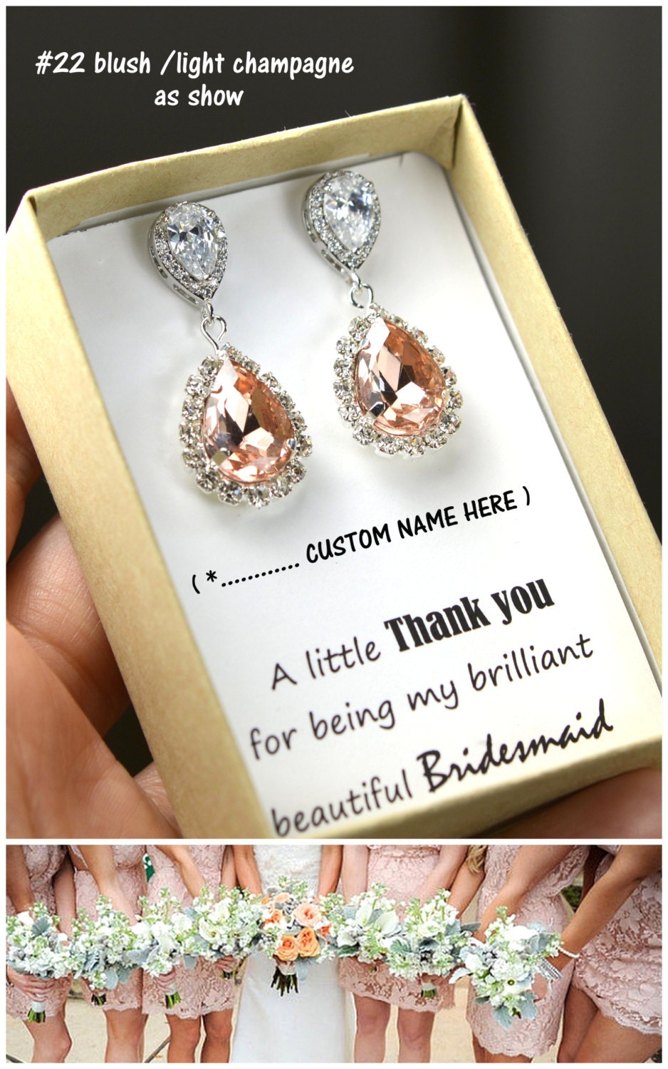 Pink Blush rhinestone drop earrings bridesmaids giftsbridal