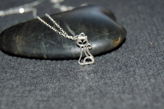 sterling silver cat necklace, cut out cat necklace, cat lover necklace, pet pride necklace, feline charm necklace, animal love jewelry