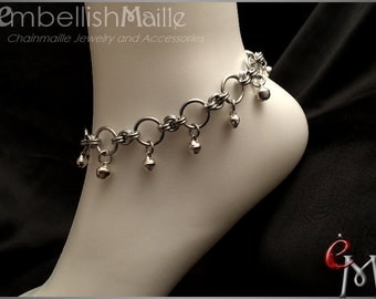 Submissive Jewelry, Slave Bells, Gorean Kajira: Pair (2) of Chainmaille Anklets w/ silver jingle bells Discrete ankle collars.