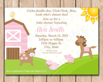 Girl Farm Baby Shower Invitation | Animals, Cow, Pig, Rooster, Horse, Sheep - 1.00 each printed or 10.00 DIY file