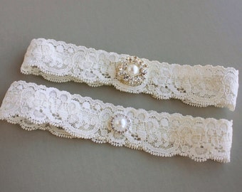 Lace Wedding Garter Set, Bridal Garter Set, Simple Garter Set, Toss Garter, Garters, Pearls & Crystals - Ivory White or Off-white - "Blythe"