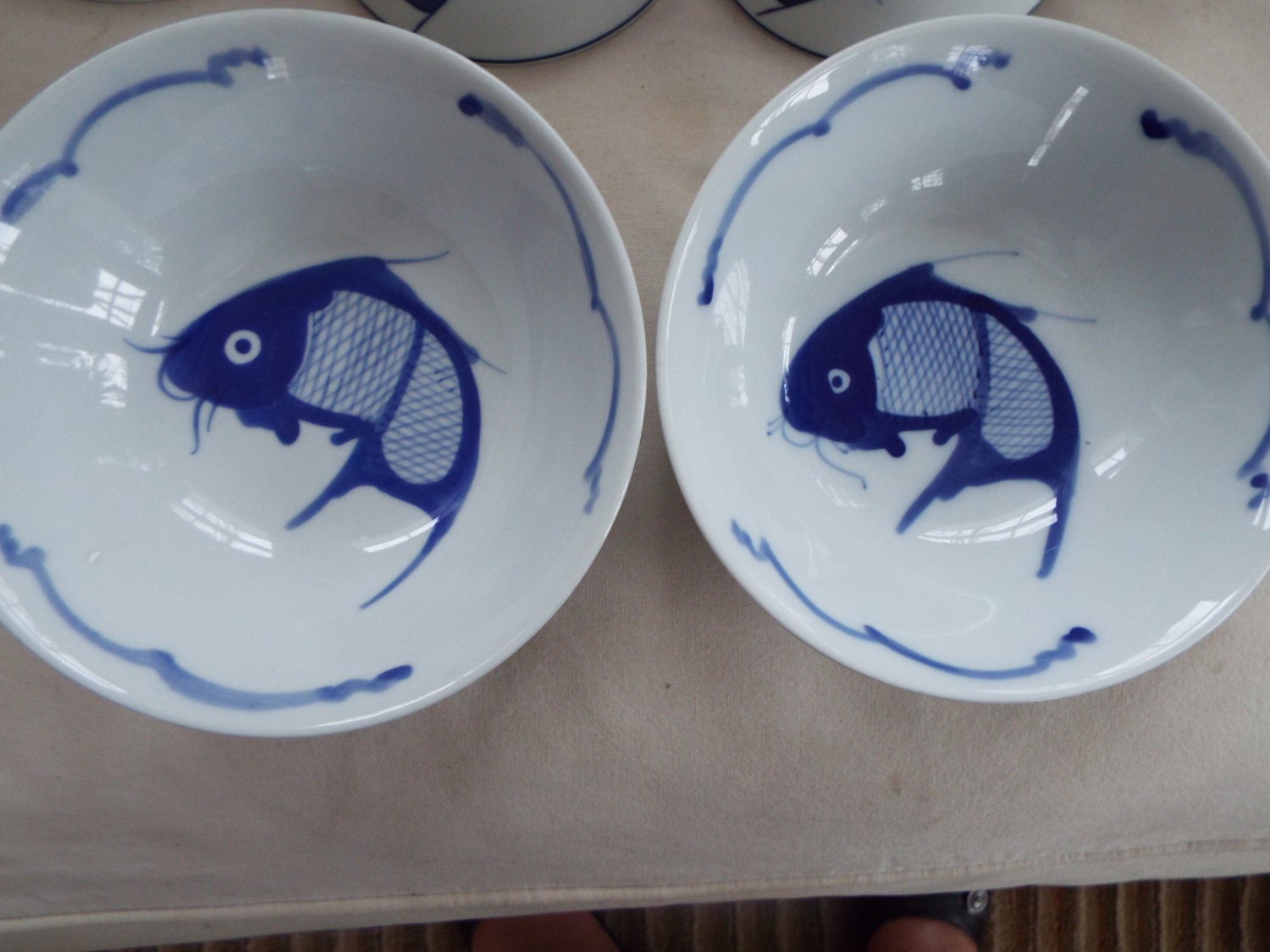 2 Chinese blue white Koi rice fish bowls Jingdezhen