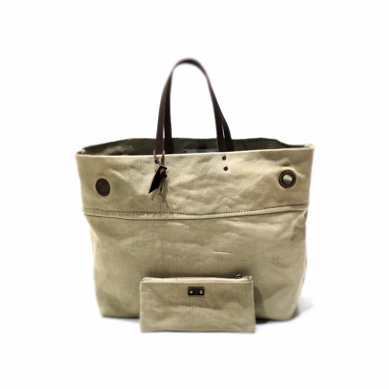 Recycled canvas tote bag Vintage bag with leather straps