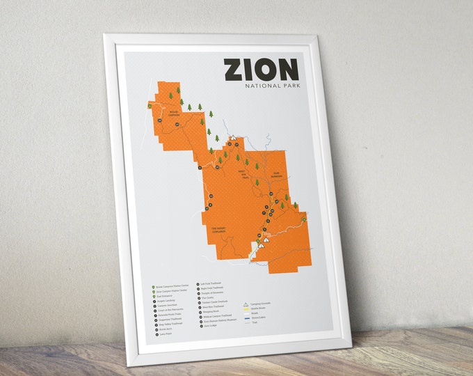 Zion National Park Map, Zion, Outdoors print, Explorer Wall Print