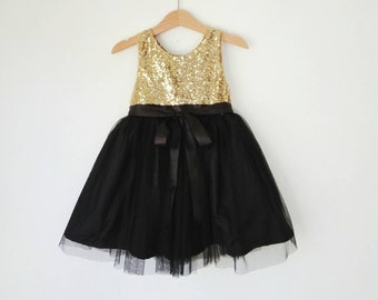 Gold and Black flower girl's dress, gold sequined and black tutu girl's dress, girls party dress, evening dress