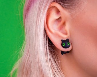 Black Cat Earring | Green Eyes | Green Stud | Handmade & Handpainted | Classic Collection