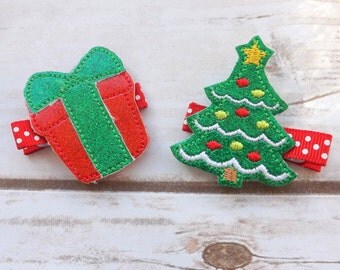 Christmas tree and present glitter hair clip set, Holiday hair clips, christmasi hair accessories, christmas hair clips, UK seller