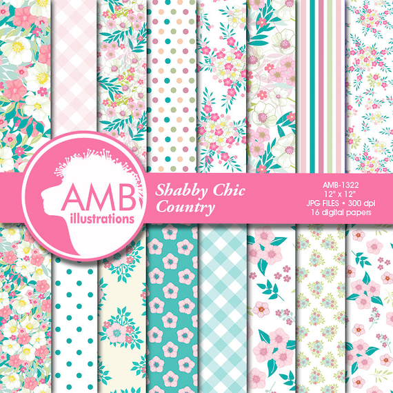Shabby Chic papers, Floral Digital Papers, Summer Pastel papers and backgrounds, Pink Flower paper, Country scrapbook paper, AMB-1322
