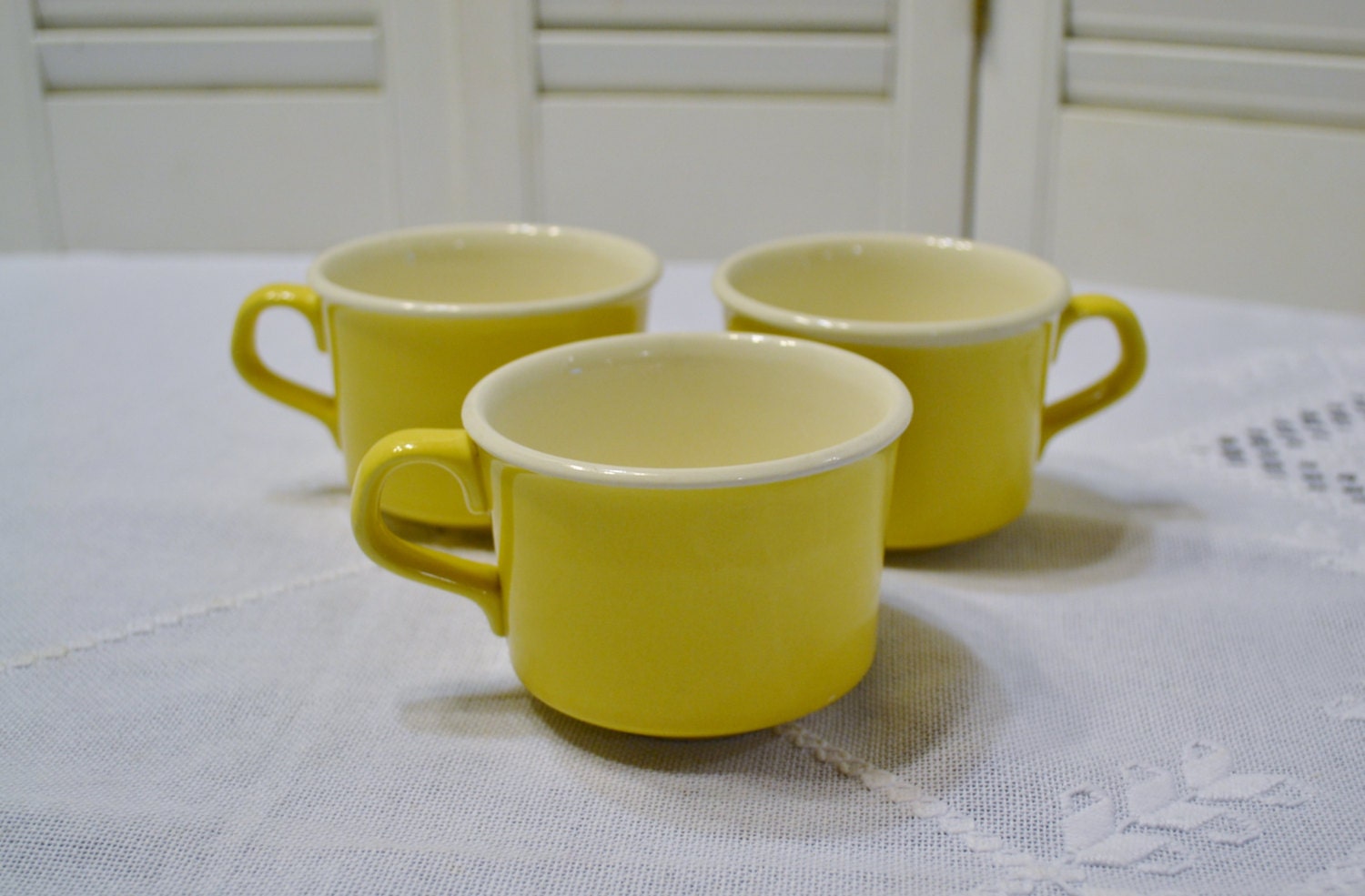 Vintage Yellow Coffee Tea Cup Set of 3 White Interior Made in