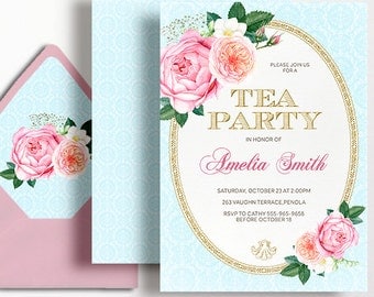 Tea Party Invitation High Tea Birthday Party Pink Gold Rose Roses Afternoon Tea High Tea French 30th 40th 50th 60th 70th 80th 90th 100th
