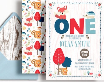 Woodland 1st Birthday Invitation Boys Fox Hedgehog Squirrel Blue Red Orange Printable First Birthday Invite Boy Baby Acorn 2nd 3rd 4th 5th