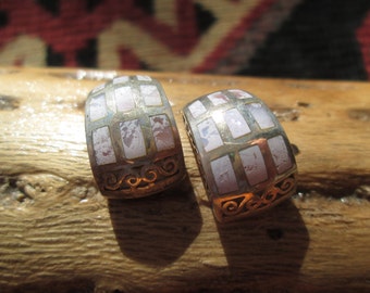 Ornate Mother of Pearl and Sterling Hoop Earrings