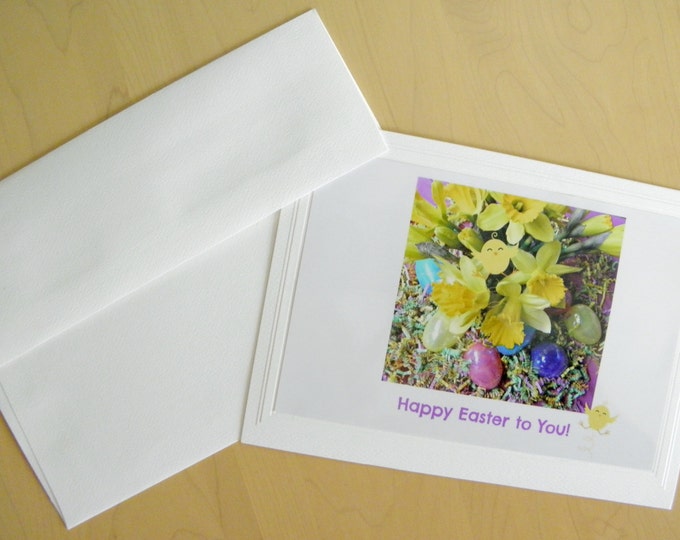 HAPPY EASTER Greeting Card, handcrafted; blank inside; featuring yellow daffodils, colorful Easter eggs and digital enhancements
