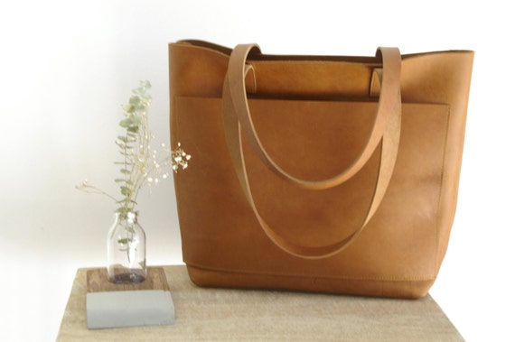 Ready to ship Camel Leather tote bag with large outside