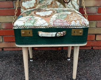 FREE FEDEX SHIPPING - Suitcase Chair - Accent Chair - Pirate Theme - Map Print - Crocodlie Vinyl - Gold Accent - Green Chair