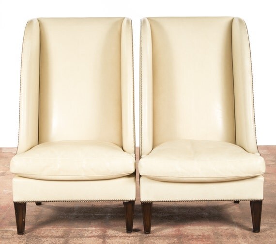 Designer Tall Wingback Chairs Cream Leather a by PasadenaAntiques
