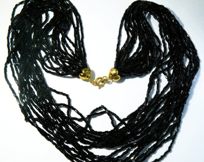 Vintage 50's 16-Strand Rocaille Necklace Czech Black Glass Beads