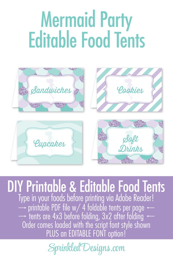 Mermaid Party Decorations - Printable Food Tents Editable Text Place Cards - Mermaid Decor, Mermaid Birthday Under the Sea Party Decorations Il_570xn
