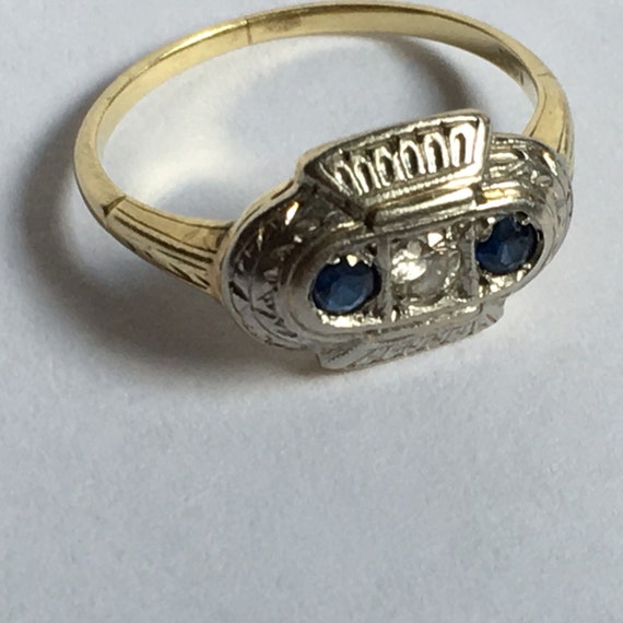 Vintage Sapphire and Diamond Ring. 14K Gold Art Deco. Unique