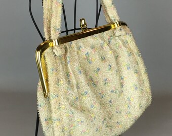 Vintage pastel Corde Bead purse, Lumured Purse, cream and pastel bag, 50s handbag