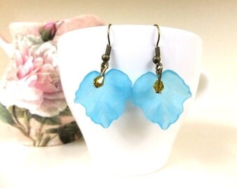 SALE! Acrylic Blue Leaf Earrings with Amber Crystals, Autumn Earrings, Fall Earrings, Blue Earrings, Boho Earrings, Nature Earrings, Leaves
