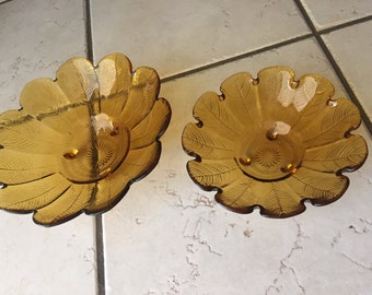 2 Vintage Amber Glass Footed Candy Dish