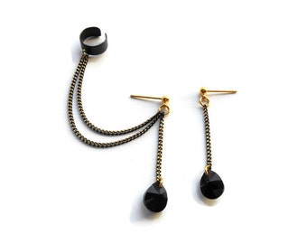 Drop Ear Cuff Earrings with Swarovski crystals, Dangle earrings, Double chain ear cuff earrings, black cuff
