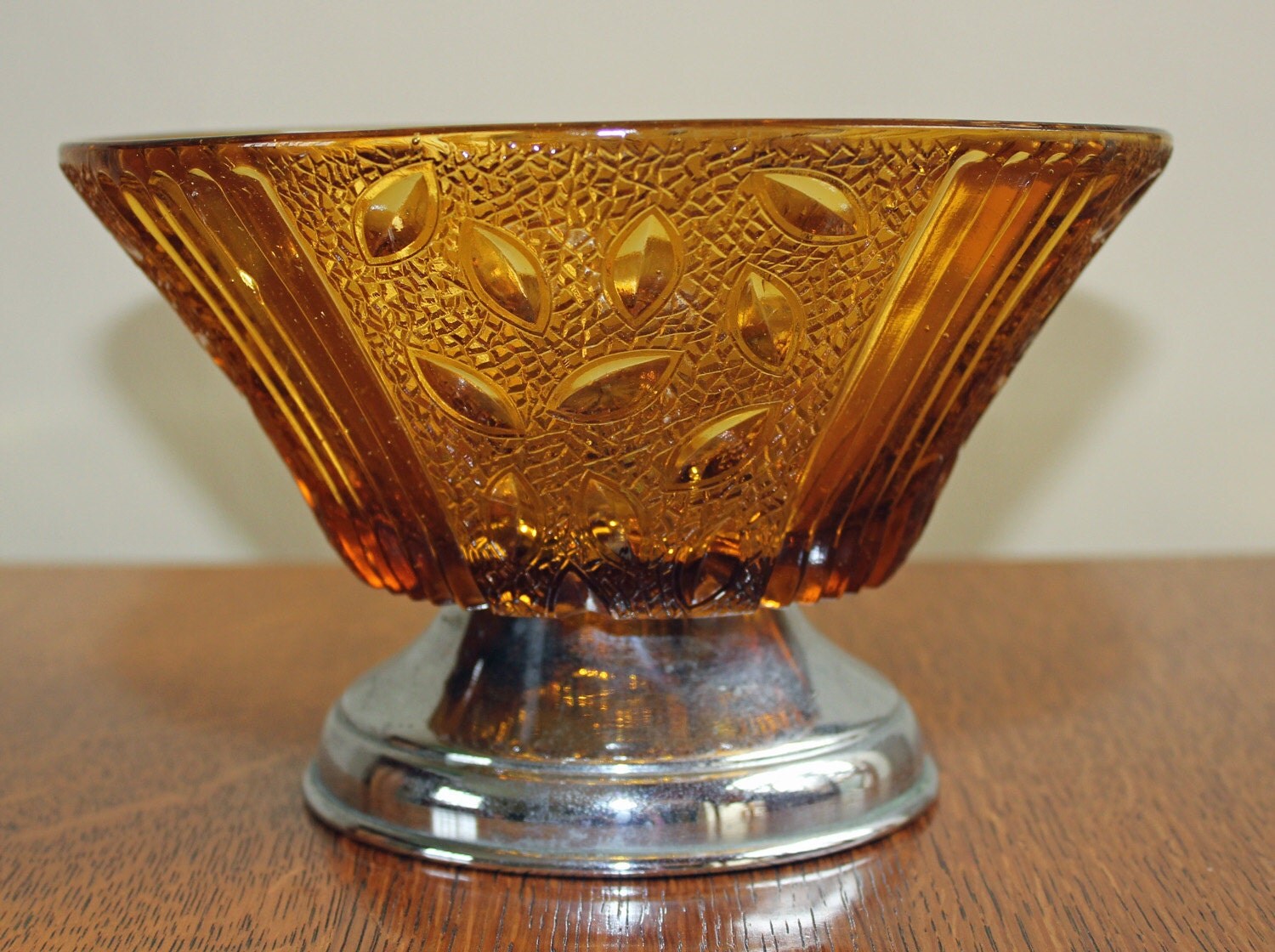 Vintage Amber Glass Bowl with Chrome by ArtsandCraftsLiving